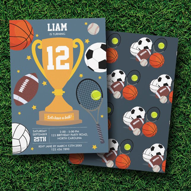 Convite Esportes - Bolas Atléticas para Crianças - Festa d (Sports Athletic Balls Kids Blue Birthday Party Invitation)