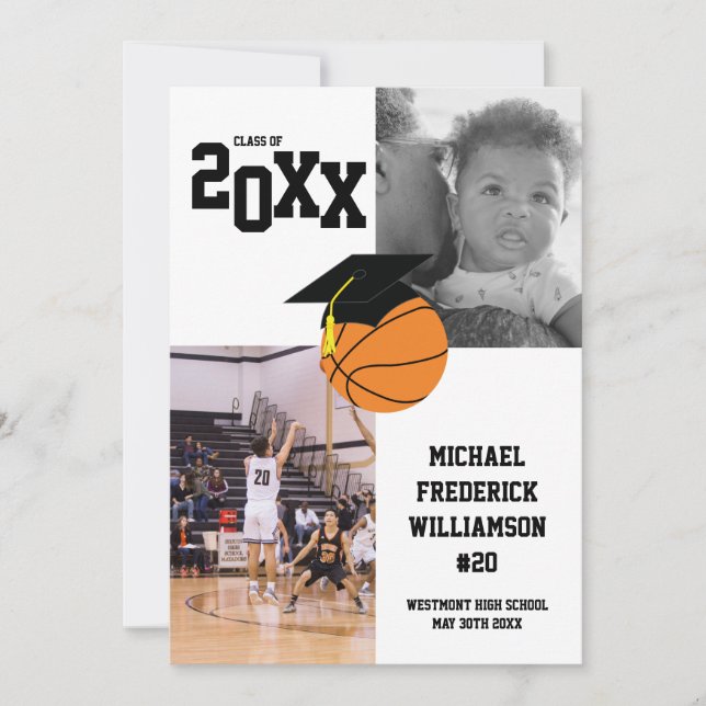 Convite Esportes de Graduação de Basquete, preto e branco (Frente)