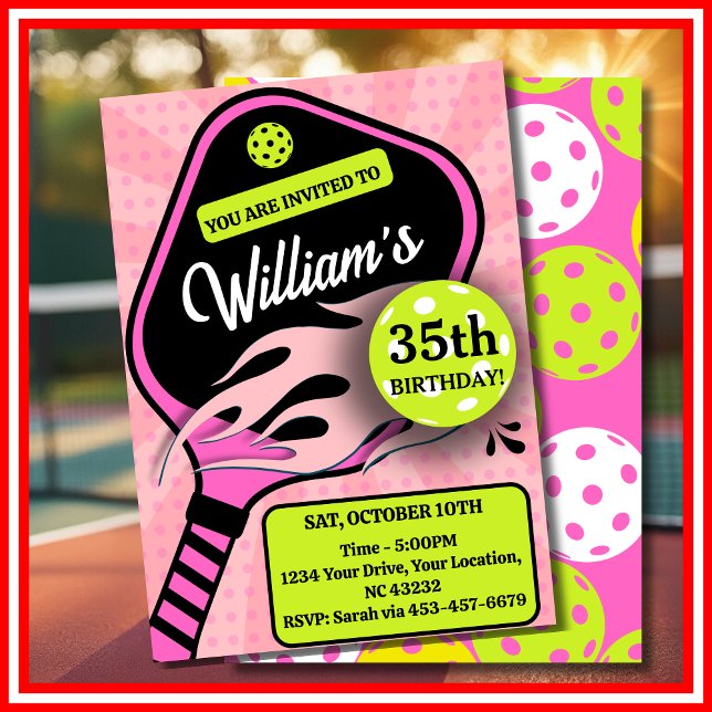 Convite Esportes Rosa De Bairro De Pickleball (Pickleball Birthday RETRO Stripes Pink Sports Invitation)