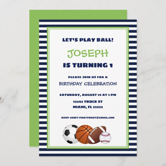 Convite Esportes verdes e azuis linchados de aniversário (Frente/Verso)