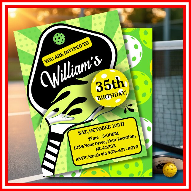 Convite Esportes Verdes - ReTRO de Aniversário do Pickleba (Pickleball Birthday RETRO Stripes Green Sports Invitation)