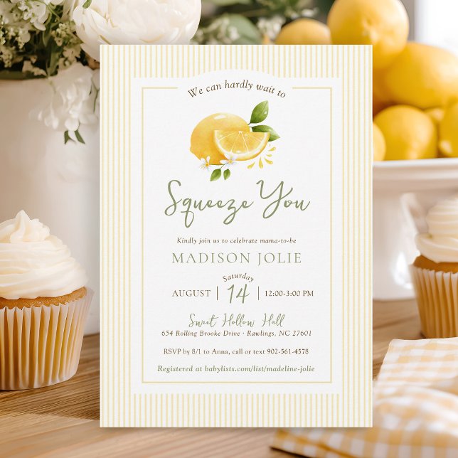 Convite Esprema Você Limões Modernos Churrasco de Bebê Neu (Cute Squeeze You modern simple watercolor lemon yellow stripes gender neutral baby shower invitation)