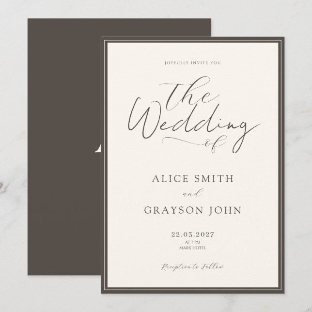 Convite Espresso Beige Script Classic Minimalist Wedding  (Frente/Verso)
