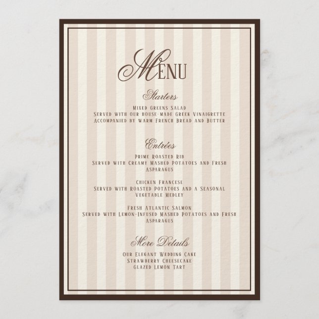 Convite Espresso Cappuccino Striped Wedding Menu  Card (Frente)