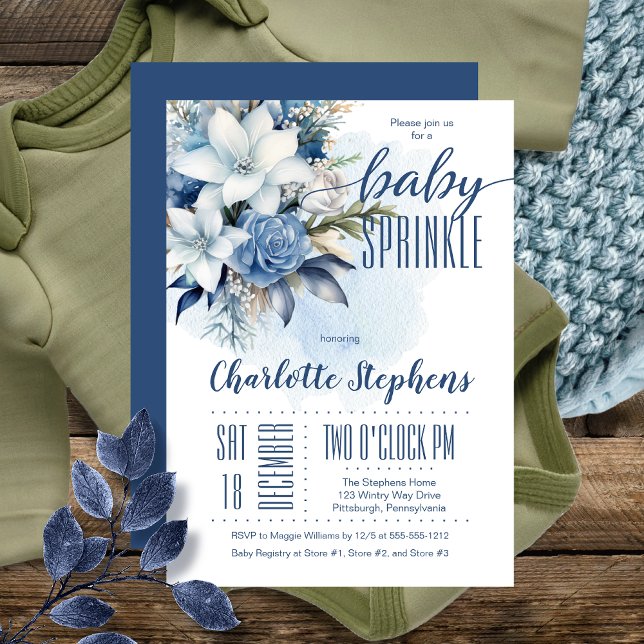 Convite Esprinkle de Bebê de Inverno Azul Elegante (Elegant Blue Winter Floral Boy Baby Sprinkle Invitation )