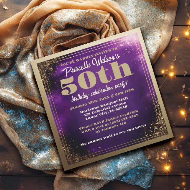 Convite Espumante Roxo e Festa de aniversário Dourada (Purple and Gold 50th Birthday Party Invitations)
