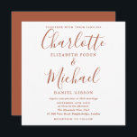 Convite Esquadra de Casamento de Script Terracotta Elegant<br><div class="desc">Com nomes elegantes de estilo de assinatura,  este convite de casamento de na moda pode ser personalizado com seus detalhes de casamento na tipografia do terracotta moderna. Projetado por Thisnotme©</div>