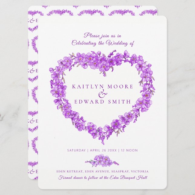 Convite Esquece-me de arte cardíaca casamento branco roxo (Frente/Verso)