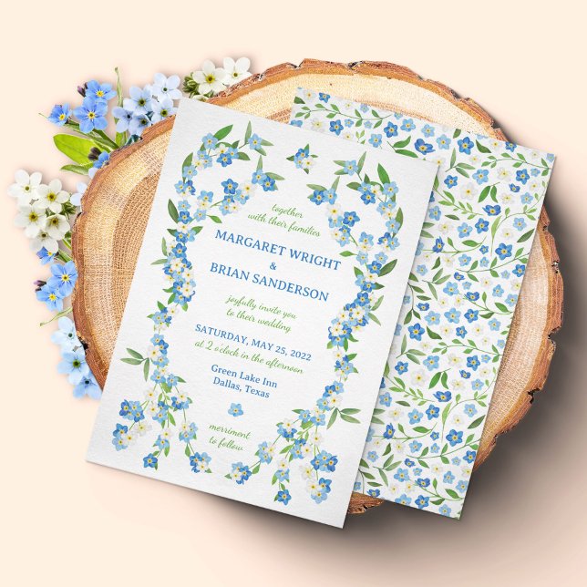 Convite Esquece-me de Casamento Azul e Branco com Aquarela (Blue and White Forget-me-nots Wedding Invitation)