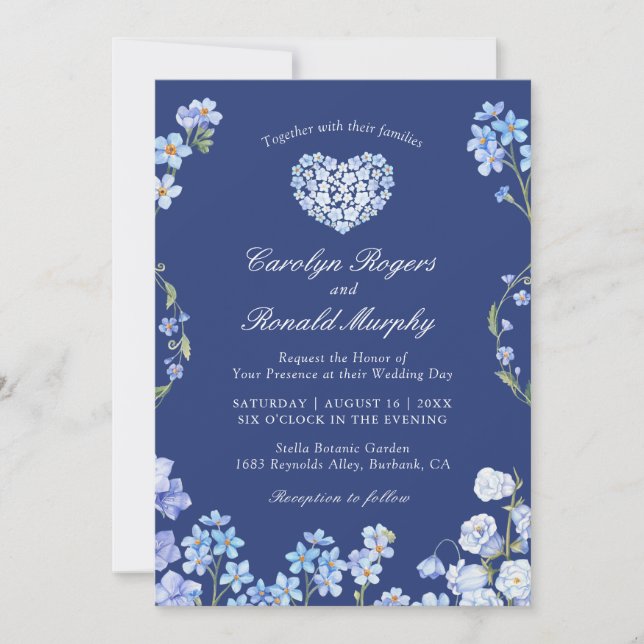 Convite Esquece-me Nots Heart Royal Blue Floral Wedding (Frente)