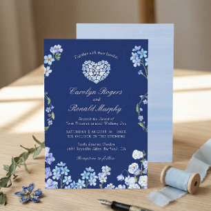 Convite Esquece-me Nots Heart Royal Blue Floral Wedding