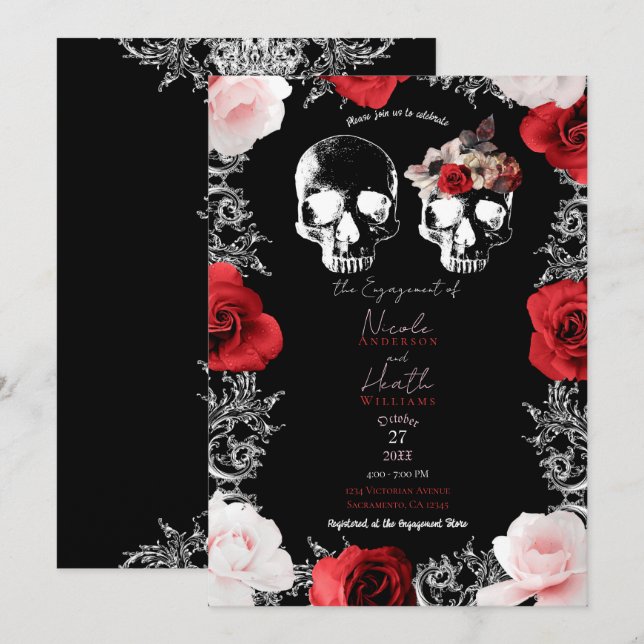 Convite Esqueleto Caveira Rosas Rosa Vermelho Engajamento  (Frente/Verso)