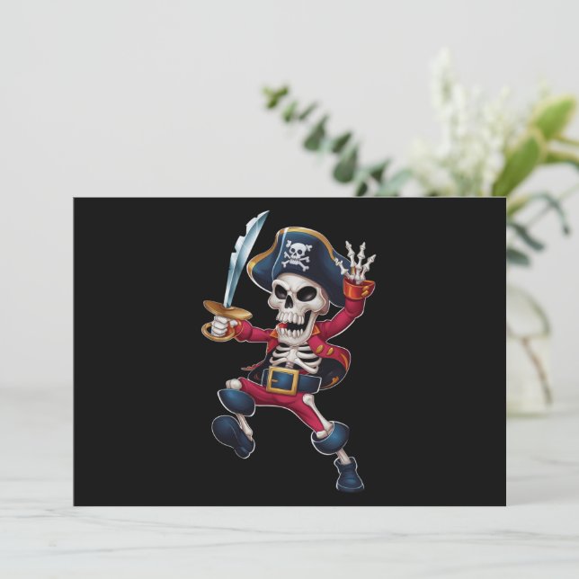 Convite Esqueleto Dabbing Pirata Halloween Crianças Jolly  (Em pé/Frente)