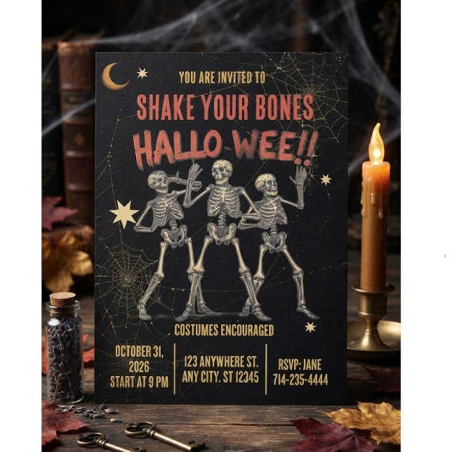 Convite Esqueleto Dançante Vintage Halloween (Criador carregado)
