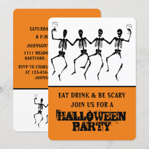 Convite Esqueleto de Halloween Dançante Laranja e Preto En