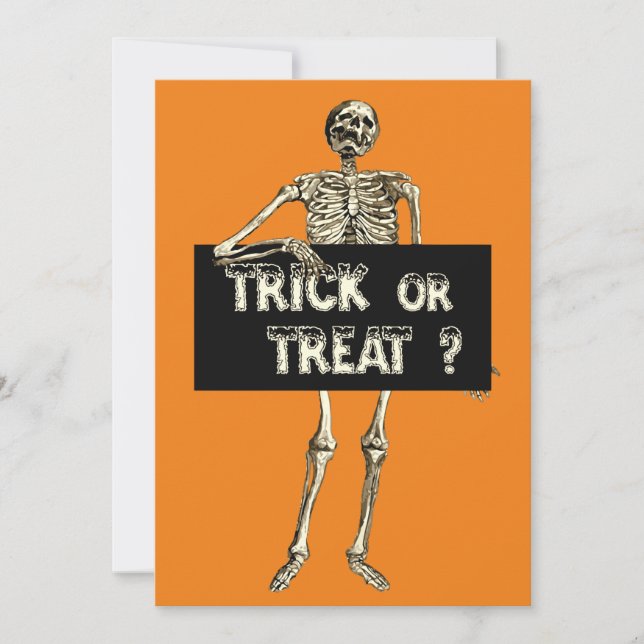 Convite Esqueleto de Halloween Vintage Pedindo ou Tratando (Frente)
