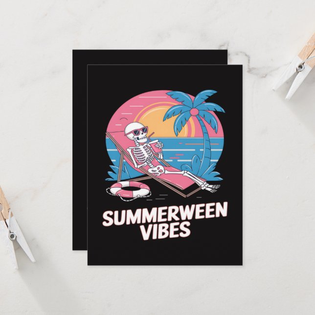 Convite Esqueleto de Summerween Férias de Verão Praia Engr (Frente/Verso In Situ)