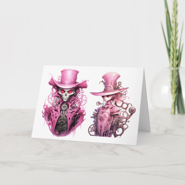 Convite Esqueleto Fantasma Steampunk Rosa (Frente)