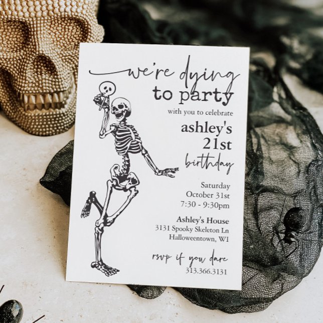 Convite Esqueleto Gótico Morrendo no Aniversário do Dia da (Skeleton Halloween Birthday Party Invitation)