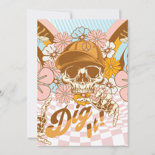 Convite Esqueleto Retro Botânico Florais Aniversário de Ad (Frente)