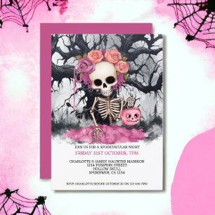 Convite Esqueleto Rosa Assustado Do Halloween E Árvore Ass