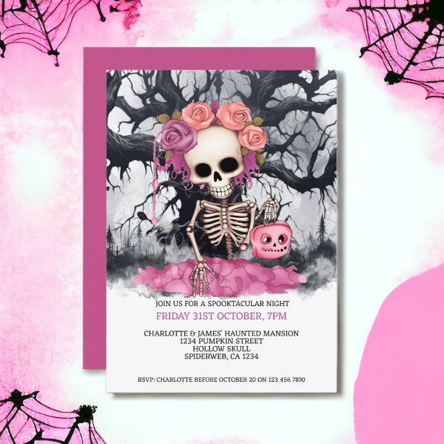 Convite Esqueleto Rosa Assustado Do Halloween E Árvore Ass (Halloween Scary Pink Skeleton And Haunted Tree Invitations from Ricaso)