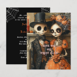 Convite Esqueletos Aranhas Pretas Casamento de Halloween