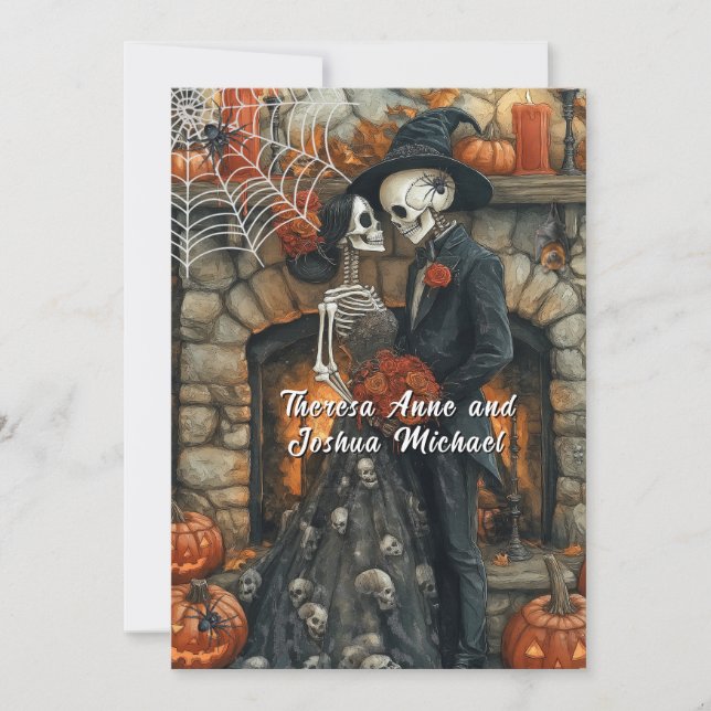 Convite Esqueletos de Casamento de Halloween Aranhas Preta (Frente)