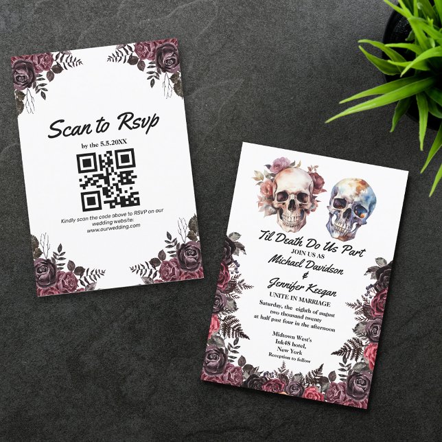 Convite esqueletos elegantes floral halloween código qr (Criador carregado)