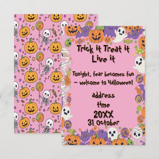 Convite Esqueletos Fofos e Rosa Doce para o Halloween (Frente/Verso)