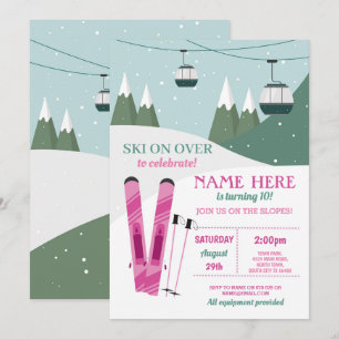 Convite Esquiando Raparigas de Aniversário Slopes Ski Sno