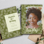 Convite Esta é a 30 Foto da Flor do Groovy, 30 Retro, Aniv<br><div class="desc">Este design de força de flor de rancho foi criado usando minhas imagens de estampas esculpidas na mão que eu me tornei um padrão floral divertido em tons de tom de abacate e sábio verde para uma vibração verdadeiramente retrorreflectora! Personalize com sua própria foto! Arte original de Malissa Melrose.</div>
