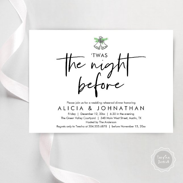 Convite Esta Era A Noite Anterior, Janto De Ensaio De Casa (Twas The Night Before Wedding Rehearsal Dinner Party Invites Card mistletoe wedding bell black white)