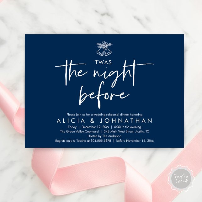 Convite Esta Era A Noite Anterior, Janto De Ensaio De Casa (Twas The Night Before Wedding Rehearsal Dinner Party Invites Card mistletoe wedding bell navy blue)