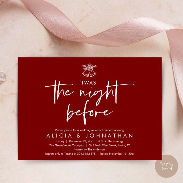 Convite Esta Era A Noite Anterior, Janto De Ensaio De Casa (Twas The Night Before Wedding Rehearsal Dinner Party Invites Card mistletoe wedding bell burgundy)