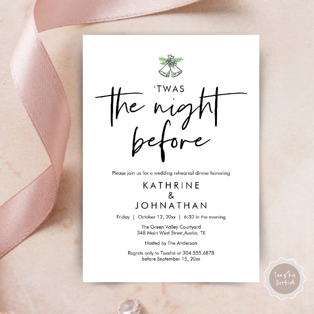 Convite Esta Era A Noite Antes Do Janta De Ensaio De Casam (Twas The Night Before Wedding Rehearsal Dinner Party Invites Card mistletoe wedding bell black white)