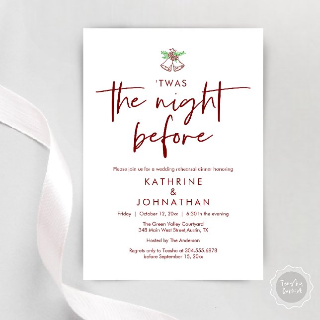 Convite Esta Era A Noite Antes Do Janta De Ensaio De Casam (Twas The Night Before Wedding Rehearsal Dinner Party Invites Card mistletoe wedding bell burgundy)