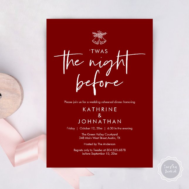 Convite Esta Era A Noite Antes Do Janta De Ensaio De Casam (Twas The Night Before Wedding Rehearsal Dinner Party Invites Card mistletoe wedding bell burgundy)