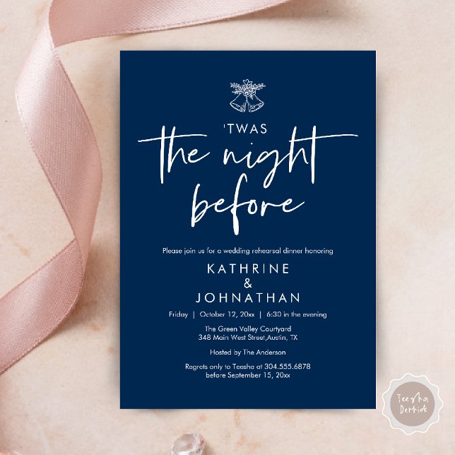 Convite Esta Era A Noite Antes Do Janta De Ensaio De Casam (Twas The Night Before Wedding Rehearsal Dinner Party Invites Card mistletoe wedding bell navy blue)