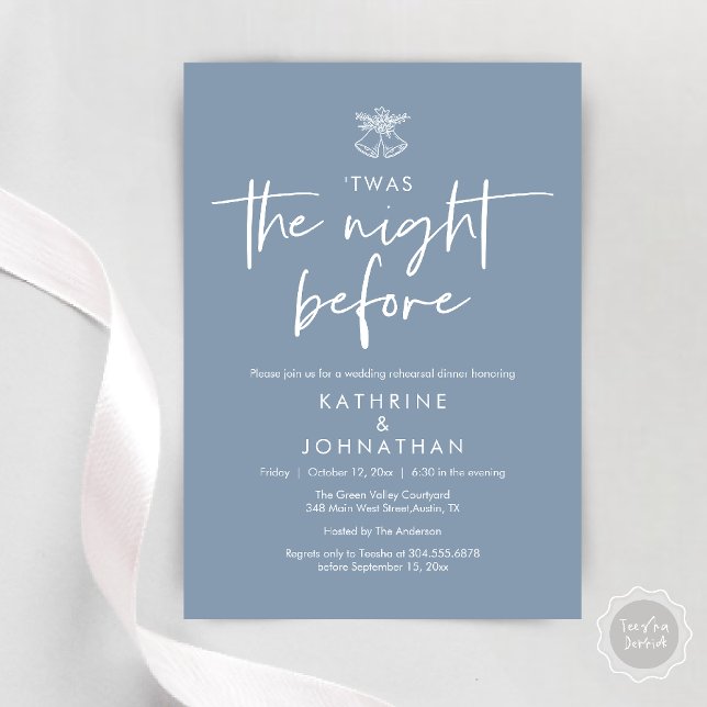 Convite Esta Era A Noite Antes Do Janta De Ensaio De Casam (Twas The Night Before Wedding Rehearsal Dinner Party Invites Card mistletoe wedding bell dusty blue)