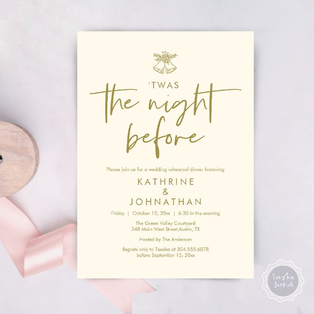 Convite Esta Era A Noite Antes Do Janta De Ensaio De Casam (Twas The Night Before Wedding Rehearsal Dinner Party Invites Card mistletoe wedding bell Yellow Gold)