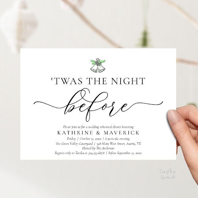 Convite Esta Era A Noite Antes Do Janto De Ensaio Clássico ('Twas The Night Before Modern Romantic Wedding Rehearsal Dinner Invitation Card PDF Black White)