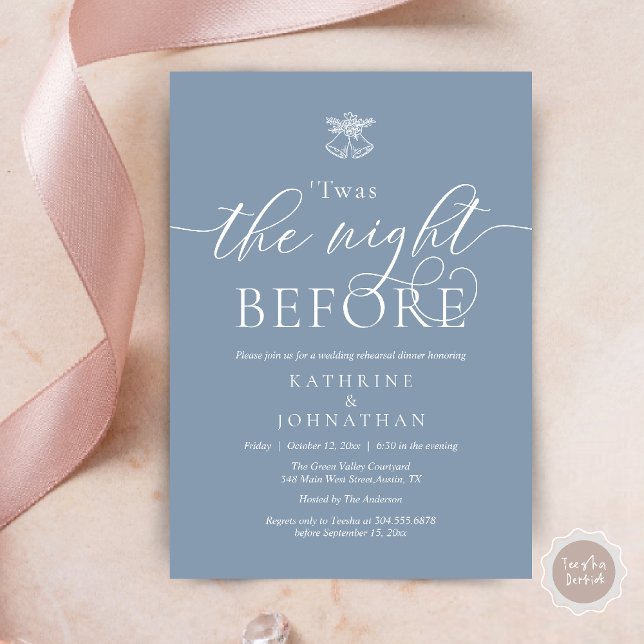 Convite Esta Era A Noite Antes Do Janto De Ensaio Moderno (Twas The Night Before Wedding Rehearsal Dinner Party Invites Card mistletoe wedding bell dusty blue)