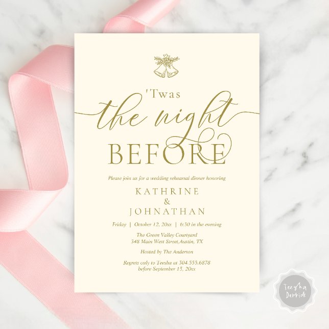 Convite Esta Era A Noite Antes Do Janto De Ensaio Moderno (Twas The Night Before Wedding Rehearsal Dinner Party Invites Card mistletoe wedding bell Yellow Gold)