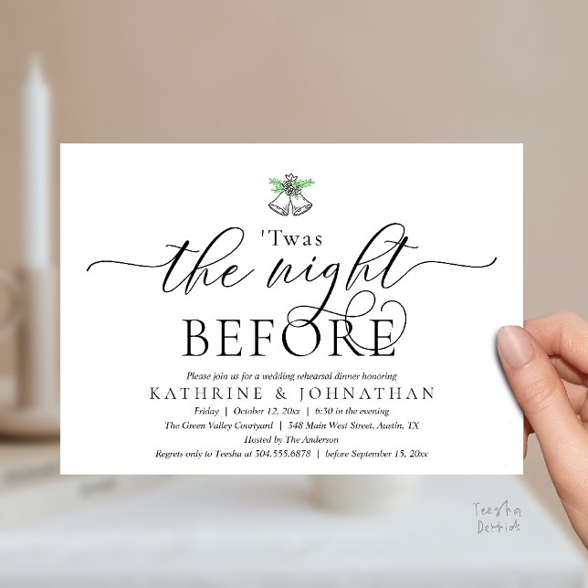 Convite Esta Era A Noite Antes Do Janto De Ensaio Moderno ('Twas The Night Before Modern Romantic Wedding Rehearsal Dinner Invitation Card PDF Black White)