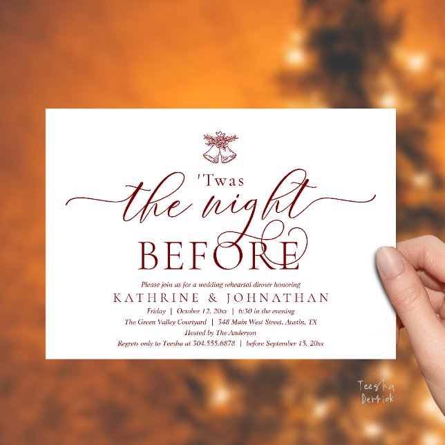 Convite Esta Era A Noite Antes Do Janto De Ensaio Moderno ('Twas The Night Before Modern Romantic Wedding Rehearsal Dinner Invites Card PDF Burgundy Wine Red)
