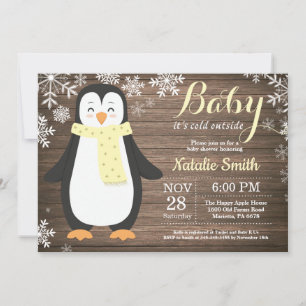 Convite Está Frio Lá Fora Chuvinha de Bebê Pinguim Rústico