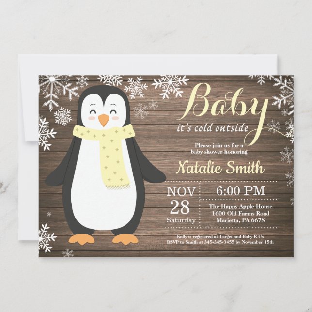 Convite Está Frio Lá Fora Chuvinha de Bebê Pinguim Rústico (Frente)