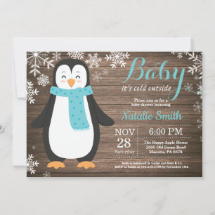 Convite Está Frio Lá Fora Chuvinha de Bebê Pinguim Rústico