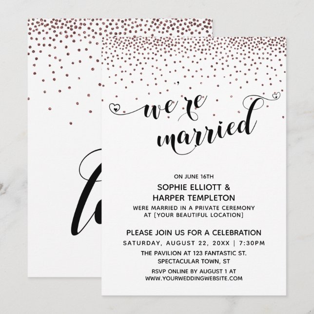 Convite Estamos Casados Script Rosa Dourado Confetes Recep (Frente/Verso)